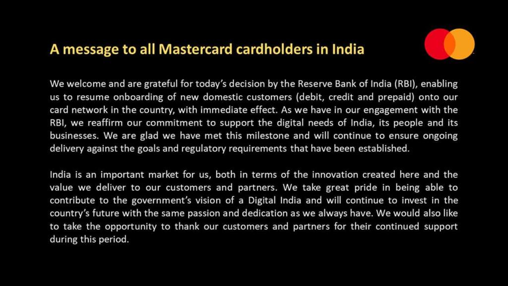 Mastercard Statement On RBI Lifting Mastercard Ban